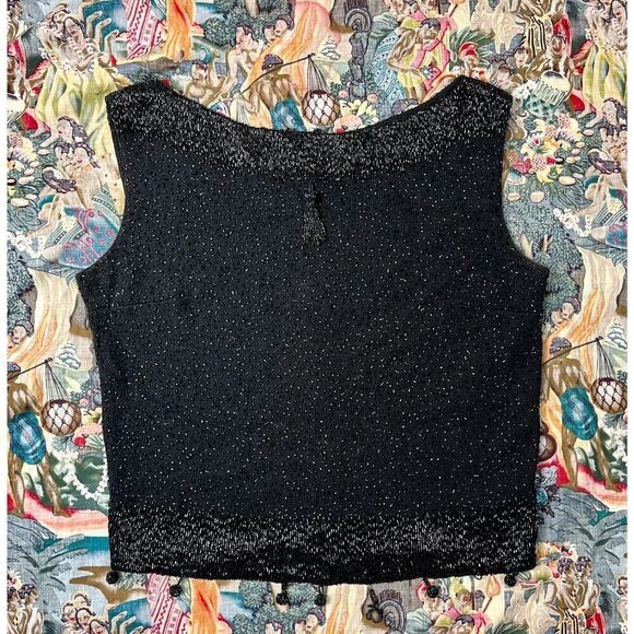 Vintage 1960s Mod Black Sparkly Beaded Tassel Sleeveless Sweater Sz S/M - Picture 2 of 6